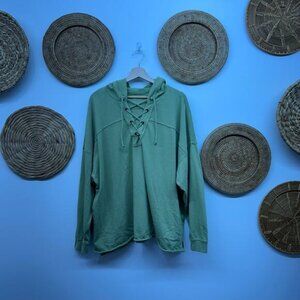 Aerie Green Lace Up Cut Out Oversized Hooded Sweatshirt Hoodie Large Knit Casual